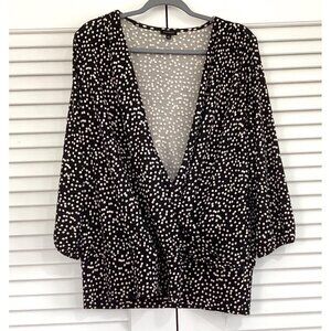 Talbots Womens Top Size XL Black Cream Polka Dot Faux Wrap Long Sleeves